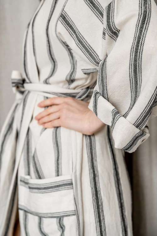 kimono szlafrok lniany bawełniany kremowy w czarne paski unisex