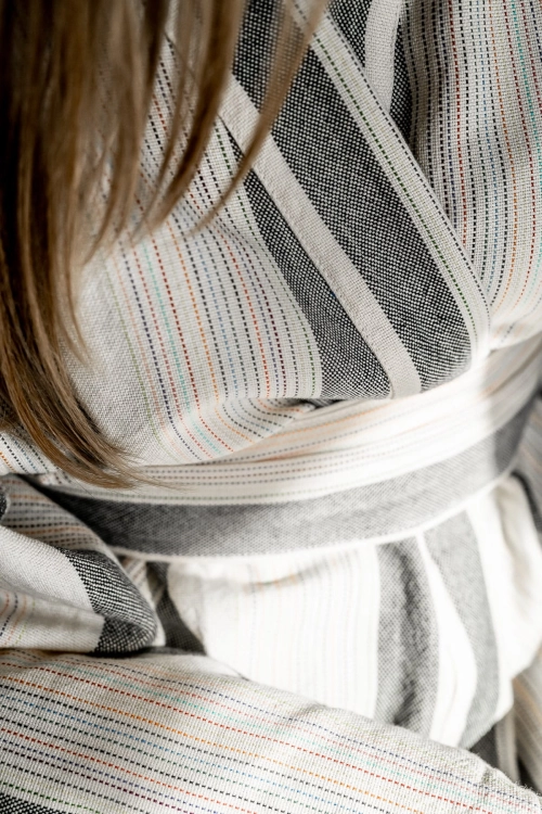 kimono szlafrok lniany bawełniany kremowy w kolorowe cienkie paski unisex