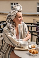 kimono szlafrok lniany bawełniany kremowy w kolorowe cienkie paski unisex