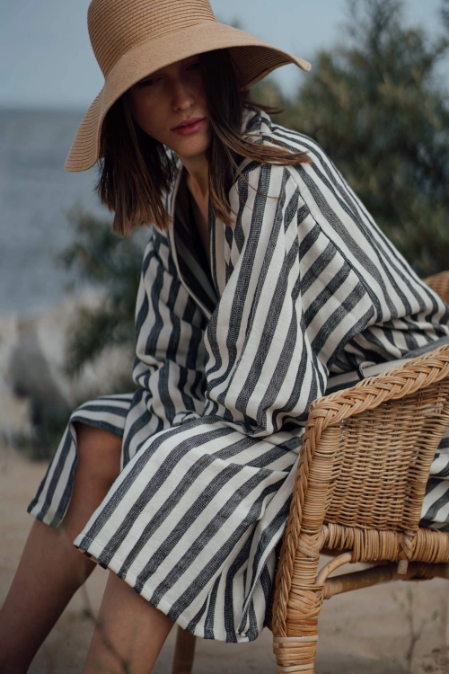 kimono szlafrok lniany bawełniany biało czarne paski unisex