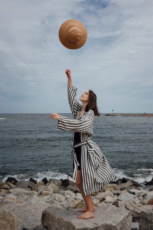 kimono szlafrok lniany bawełniany biało czarne paski unisex